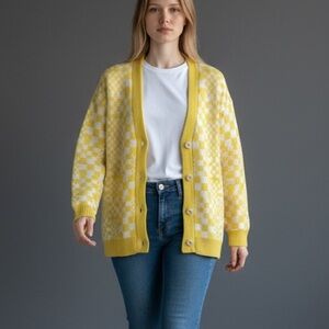 Yellow and White Women's Checkered Cardigan